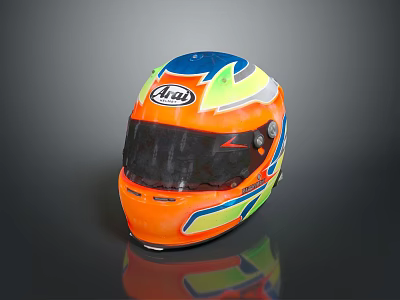 Vibrant Orange Racing Helmet With Blue Green Yellow Stripes 4Uai Logo And Transparent Visor Design 3d model