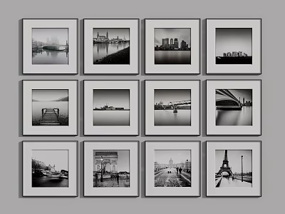 Black and White Landscape Prints Framed in Gray Frames with Cityscapes Bridges and Rivers 3d model