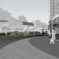 Modern Sales Office Building With Green Roof Large Glass Windows And Landscaped Central Plaza