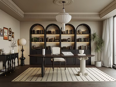 Elegant Study Room Interior With Arched Bookshelves Dark Wooden Desk White Chair And Pendant Lamp 3d model