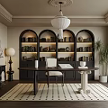 Elegant Study Room Interior With Arched Bookshelves Dark Wooden Desk White Chair And Pendant Lamp
