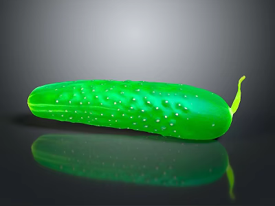 Fresh Green Cucumber with Water Droplets on Surface and Yellow Tail on Black Reflective Surface 3d model