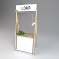Wooden Display Stand With LOGO Sign Green Plant White Shoe And White Cloth