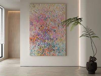 Colorful Textured Abstract Painting in Modern Interior with Potted Plant and Bright Lighting 3d model