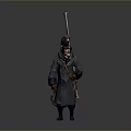 3D Model Military Style Uniformed Character In Long Coat With Feathered Hat Spear And Backpack