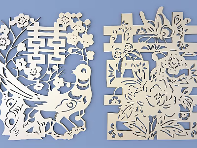 Traditional Chinese Paper Carving Art with Xi Character Birds Plum Blossoms Peonies And Butterflies 3d model