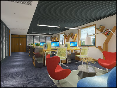 Modern Public Office Space With Multiple Computer Screens Colorful Lounge Chairs Bookshelves And Linear Lights 3d model