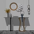 Modern Console Table With Marble Top Metal Frame Yellow Flowers Sculpture And Round Mirror