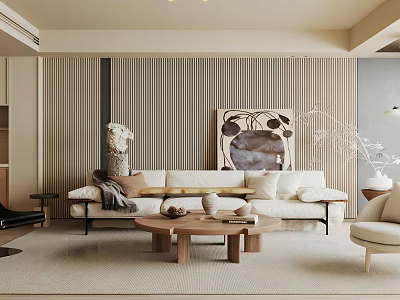 Elegant Modern Living Room Interior With White Sofa And Wooden Coffee Table 3d model