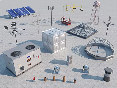Diverse Building Components Featuring Solar Panels Water Tank Cooling Tower Skylight And Ventilation Ducts 3d model
