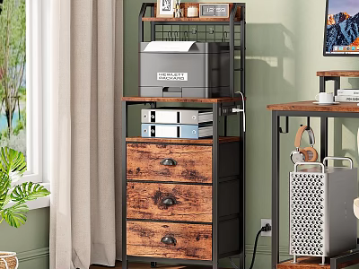 Wooden and Metal Industrial Shelving Unit with Drawers for Storage Printer and Decorative Items 3d model