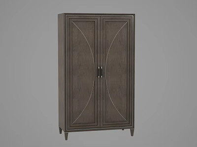 Dark Wood Two Door Wardrobe With Decorative Curved Lines And Short Legs 3d model