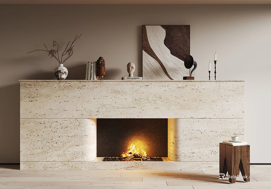 Modern Stone Fireplace With Burning Fire Decorative Items On Mantel And Wooden Stool 3d model 