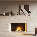 Modern Stone Fireplace With Burning Fire Decorative Items On Mantel And Wooden Stool
