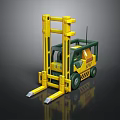 Yellow and Green Forklift with Front Forks Mechanical Frame and Cabin