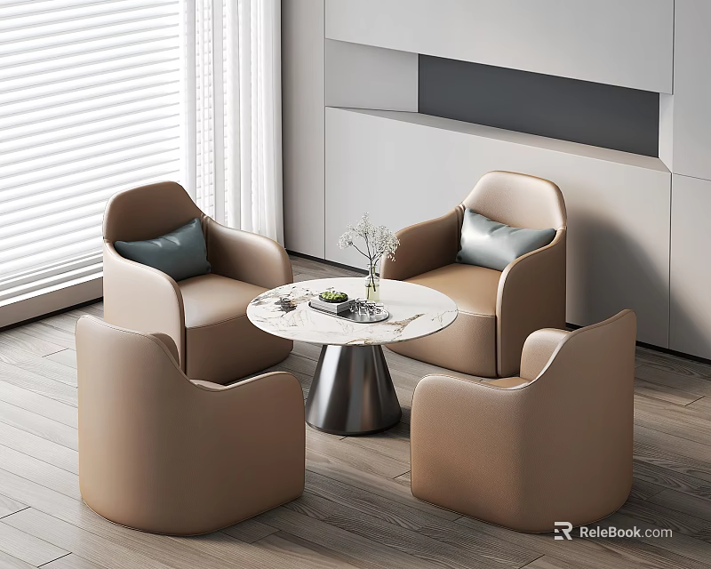 Modern Beige Chairs with Round White Table Set in Contemporary Interior Space 3d model 