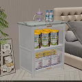 Stylish White Bookcase With Marble Top Holding Milk Powder Cans Diapers In Living Room