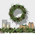 Christmas Wreath With Pinecones Green Leaves String Lights And Decorative Candles Gift Boxes