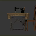 Vintage Sewing Machine On Wooden Worktable With Comfortable Wooden Chair