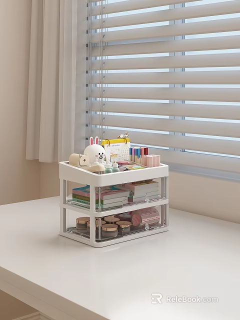 Transparent Multi Layer Storage Organizer With Stationery Rabbit Plush On White Desk 3d model 