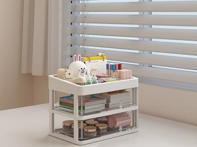 Transparent Multi Layer Storage Organizer With Stationery Rabbit Plush On White Desk 3d model