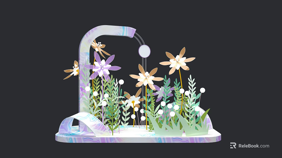Artistic Floral Display With Colorful Flowers Green Plants And Curved Water Structure 3d model 