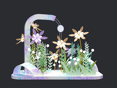 Artistic Floral Display With Colorful Flowers Green Plants And Curved Water Structure 3d model