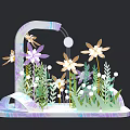 Artistic Floral Display With Colorful Flowers Green Plants And Curved Water Structure