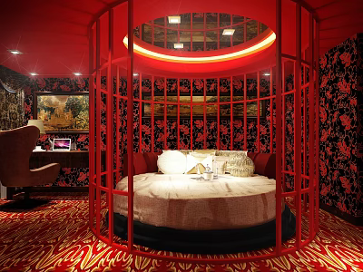 Luxurious Red Hotel Room Featuring Round Bed With Red Metal Frame Black Floral Wallpaper 3d model