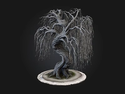 Weeping Willow Tree With Twisted Trunk And Hanging Branches On Round Base 3d model