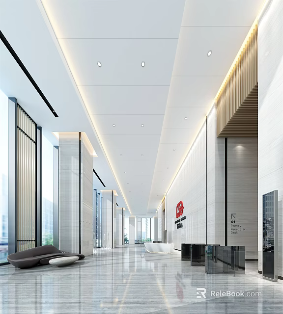 Modern Front Desk Reception Lobby With Glass Walls Marble Counter Company Logo And Elegant Lighting 3d model 