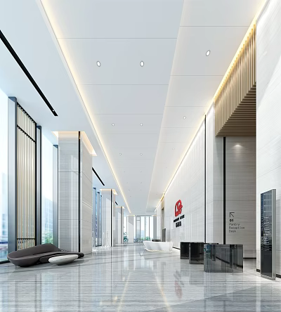 Modern Front Desk Reception Lobby With Glass Walls Marble Counter Company Logo And Elegant Lighting 3d model