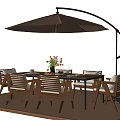 Outdoor Wooden Dining Table And Chairs Set With Cantilever Umbrella Flowers And Lantern On Patio