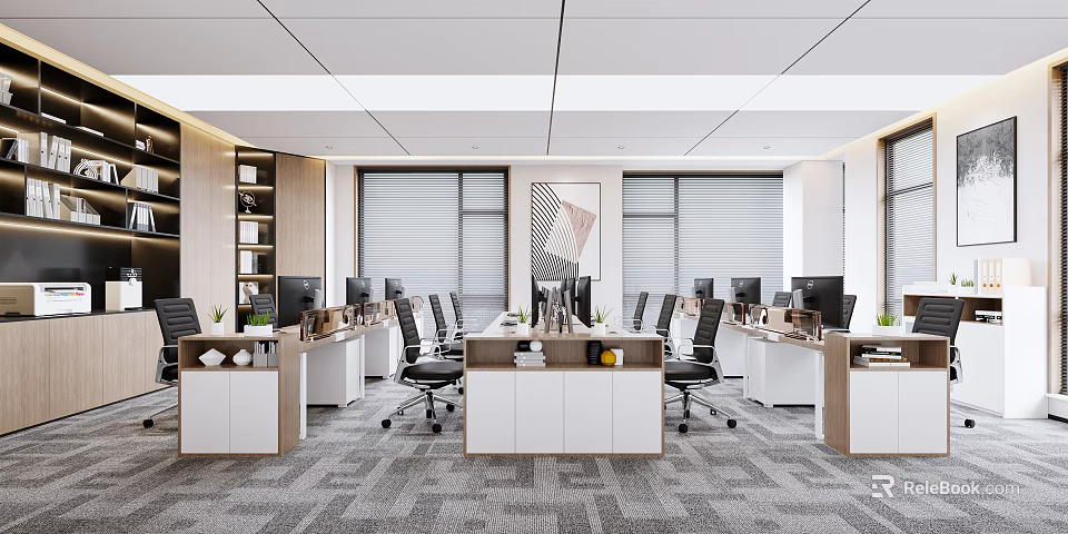 Open Public Office Space with Multiple Workstations Computers Desks Chairs Plants Bookshelves Wall Art Blinds 3d model 