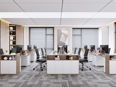 Open Public Office Space with Multiple Workstations Computers Desks Chairs Plants Bookshelves Wall Art Blinds 3d model