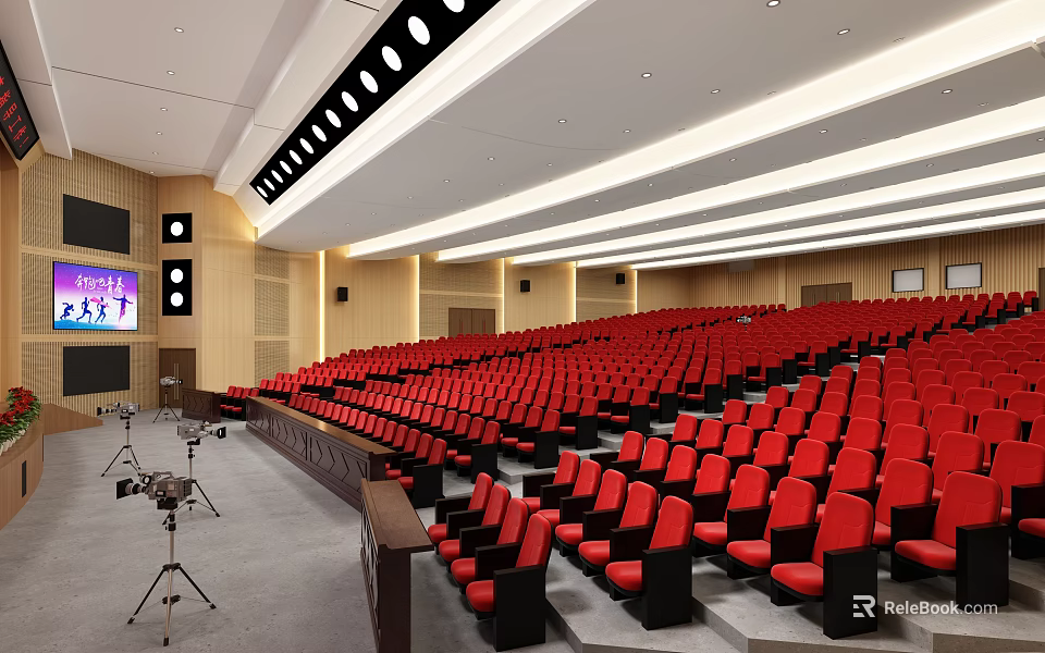 Modern Auditorium With Red Seats And Stage Equipment 3d model 