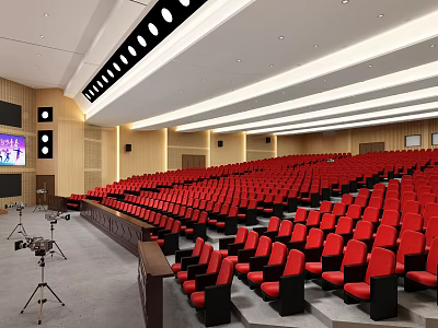 Modern Auditorium With Red Seats And Stage Equipment 3d model