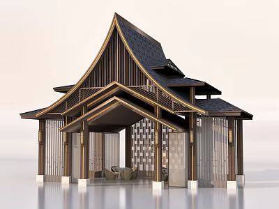 Oriental Traditional Wooden Pavilion With Sloped Roof Grid Screens And White Columns 3d model
