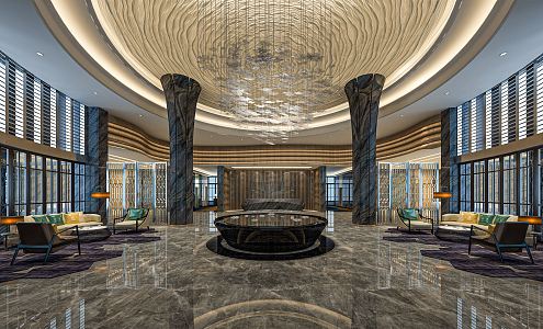 New Chinese Lobby Hotel Lobby Reception Area Hotel Leisure Area Special-shaped Chandelier Sofa Waterscape 3d model