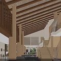 High Ceiling Natural Wood Hotel Lobby Front Reception Area With Bright Open Public Lounge
