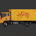 Yellow Box Truck Exterior with Red Graphic Design on Side Body