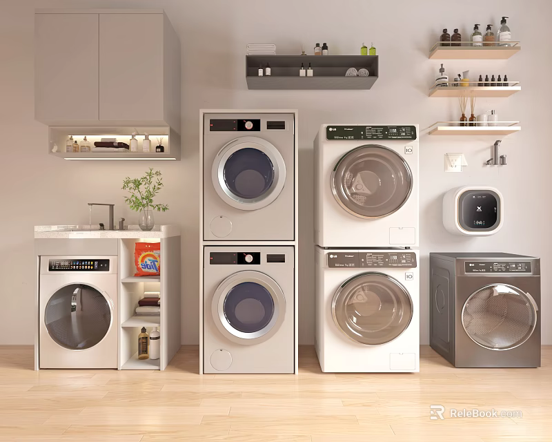 Multiple Modern Washing Machine Models In Home Laundry Room With Cabinets 3d model