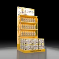 Supermarket Retail Display Shelf Featuring Yellow Design With Beverage Bottles And Boxed Products
