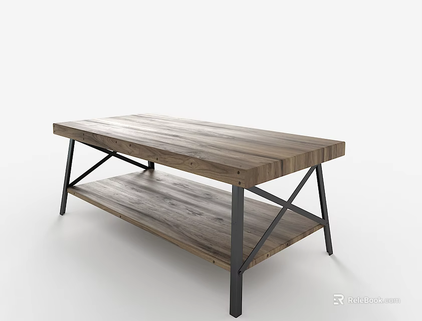 Modern Coffee Table Featuring Wooden Tabletop Metal Frame And Lower Shelf 3d model 