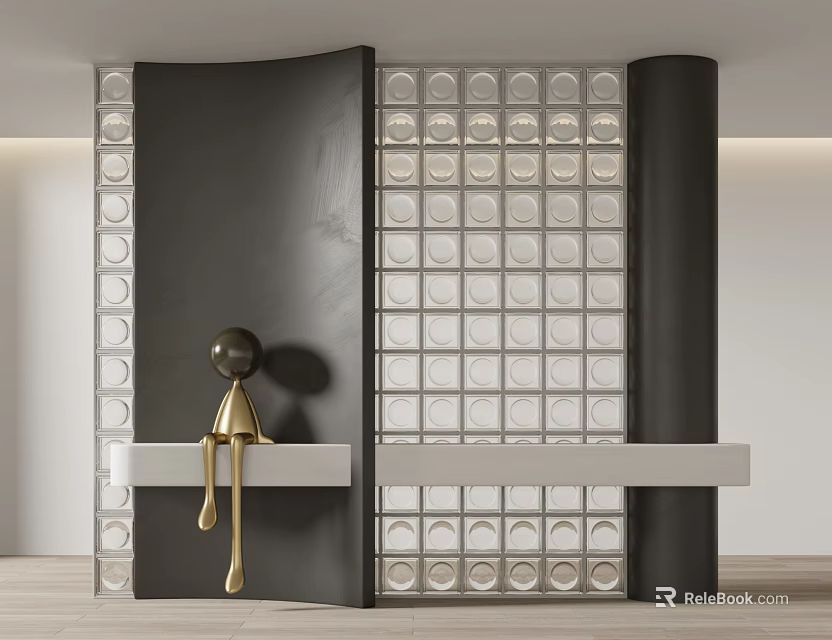 Modern Curved Black Room Divider With Glass Block Wall White Shelf And Golden Figurine 3d model 