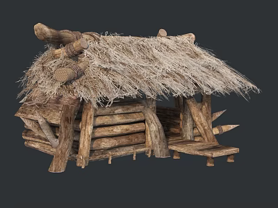 Ancient Building with Thatched Roof and Wooden Log Structure Rustic Traditional Design 3d model