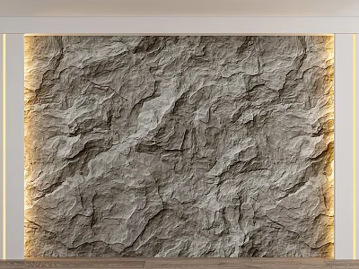 Natural Textured Stone Wall With Wooden Floor And Side Lighting Interior Design 3d model