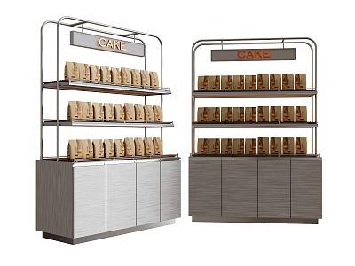 Cake Display Shelves with Packaged Cake Boxes and CAKE Sign on Cabinet Base 3d model
