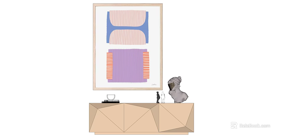 Modern Beige Geometric Cabinet With Gray Dog Sculpture And Abstract Artwork 3d model 