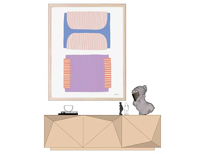 Modern Beige Geometric Cabinet With Gray Dog Sculpture And Abstract Artwork 3d model